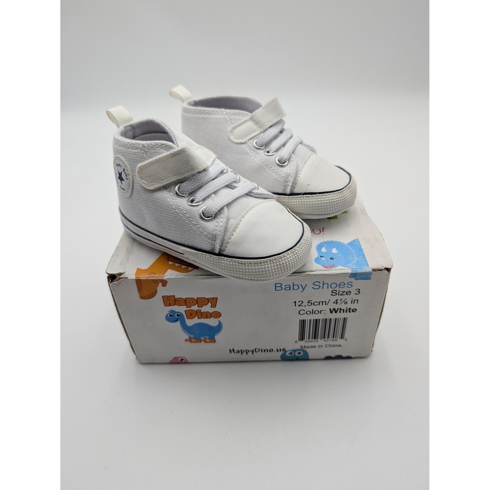 Happy Dino Baby Shoes Boys Size 3 White High Top Fabric Sneaker Casual Crib